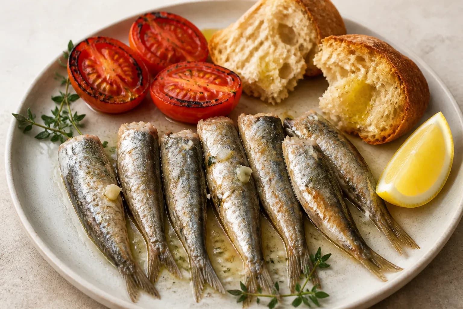 Garlic brisling sardines with grilled tomatoes and warm bread.