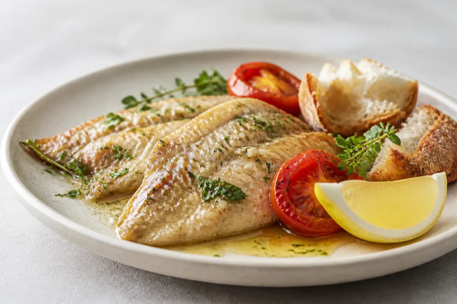 Garlic herring with grilled tomatoes and warm bread.