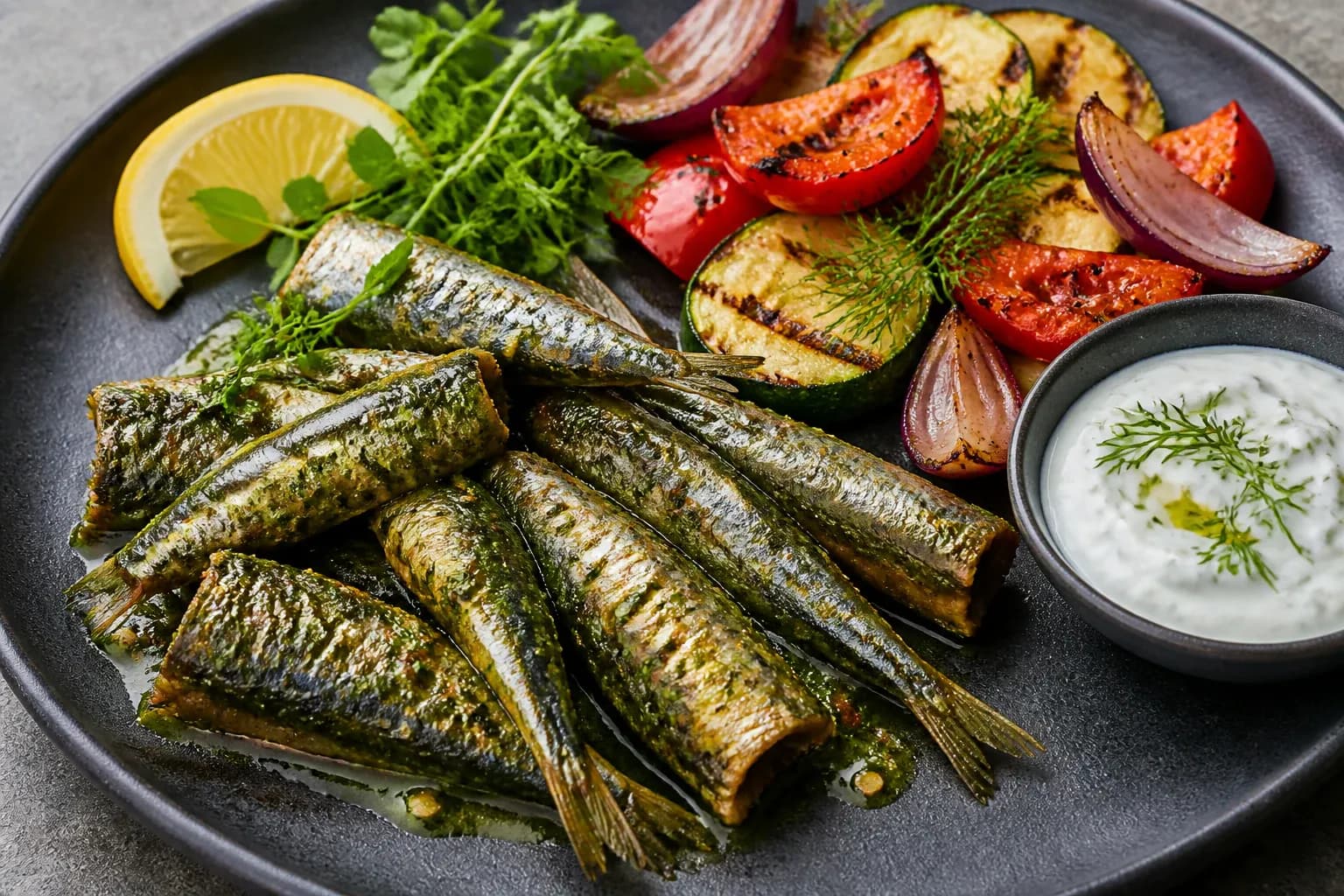 Green chilli brisling sardines with grilled vegetables and yoghurt-herb sauce.
