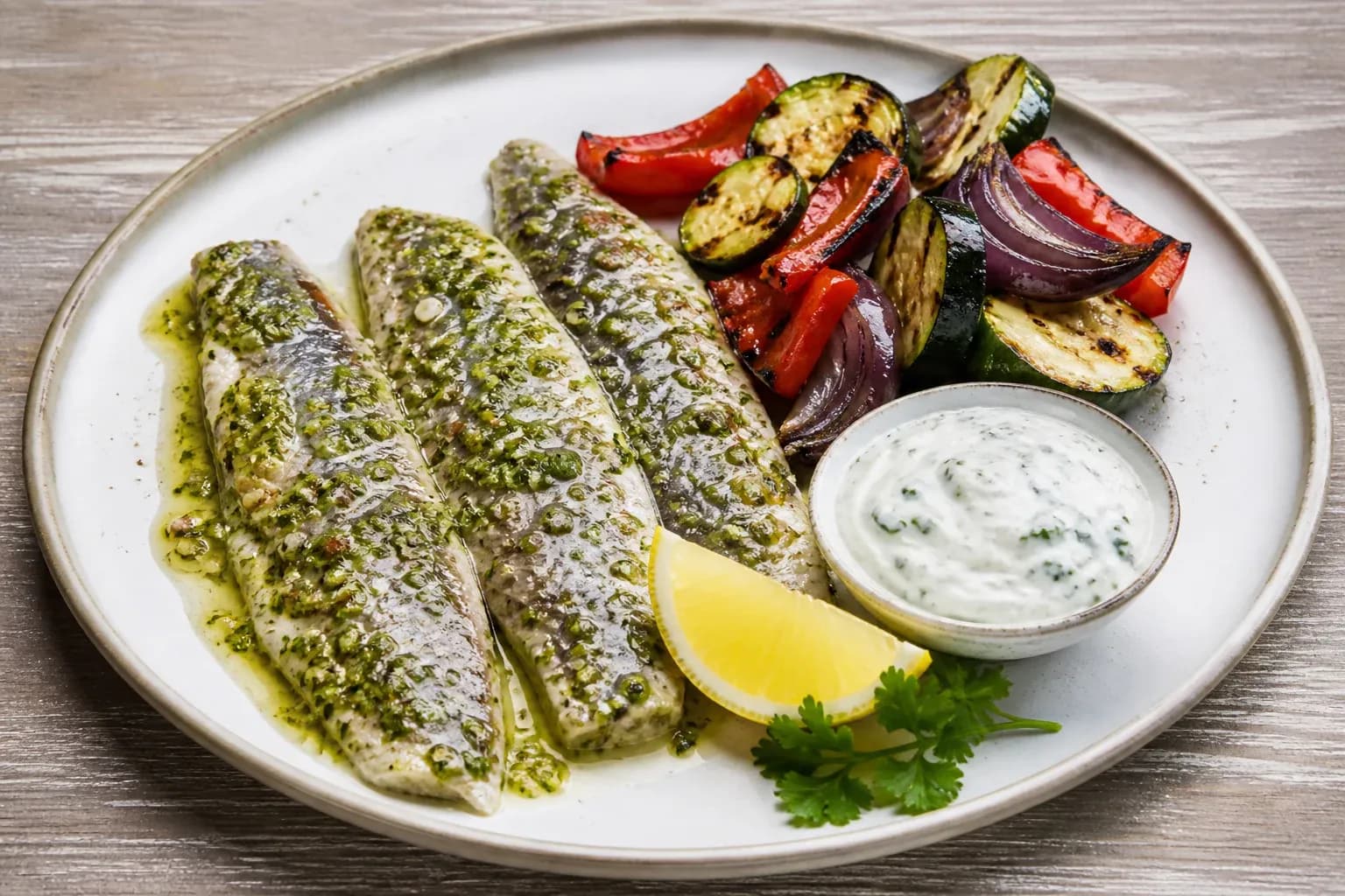 Green chilli herring with grilled vegetables and yoghurt-herb sauce.
