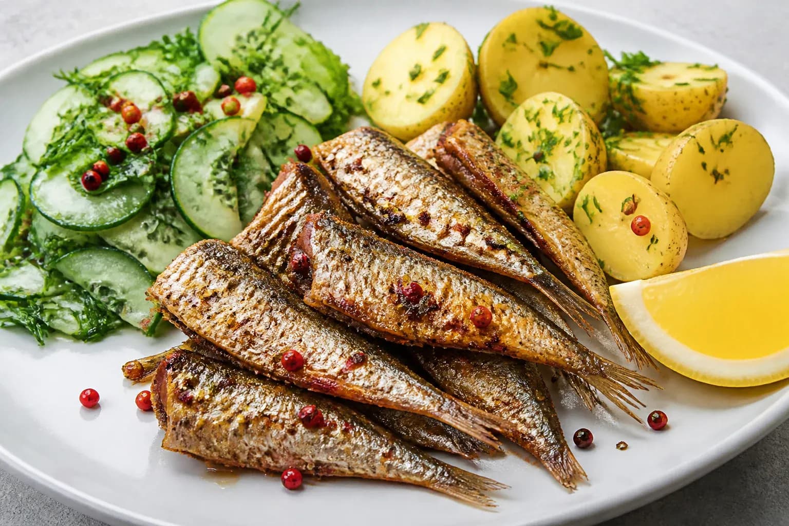 Pink pepper brisling sardines with warm potatoes and a cucumber-herb salad.