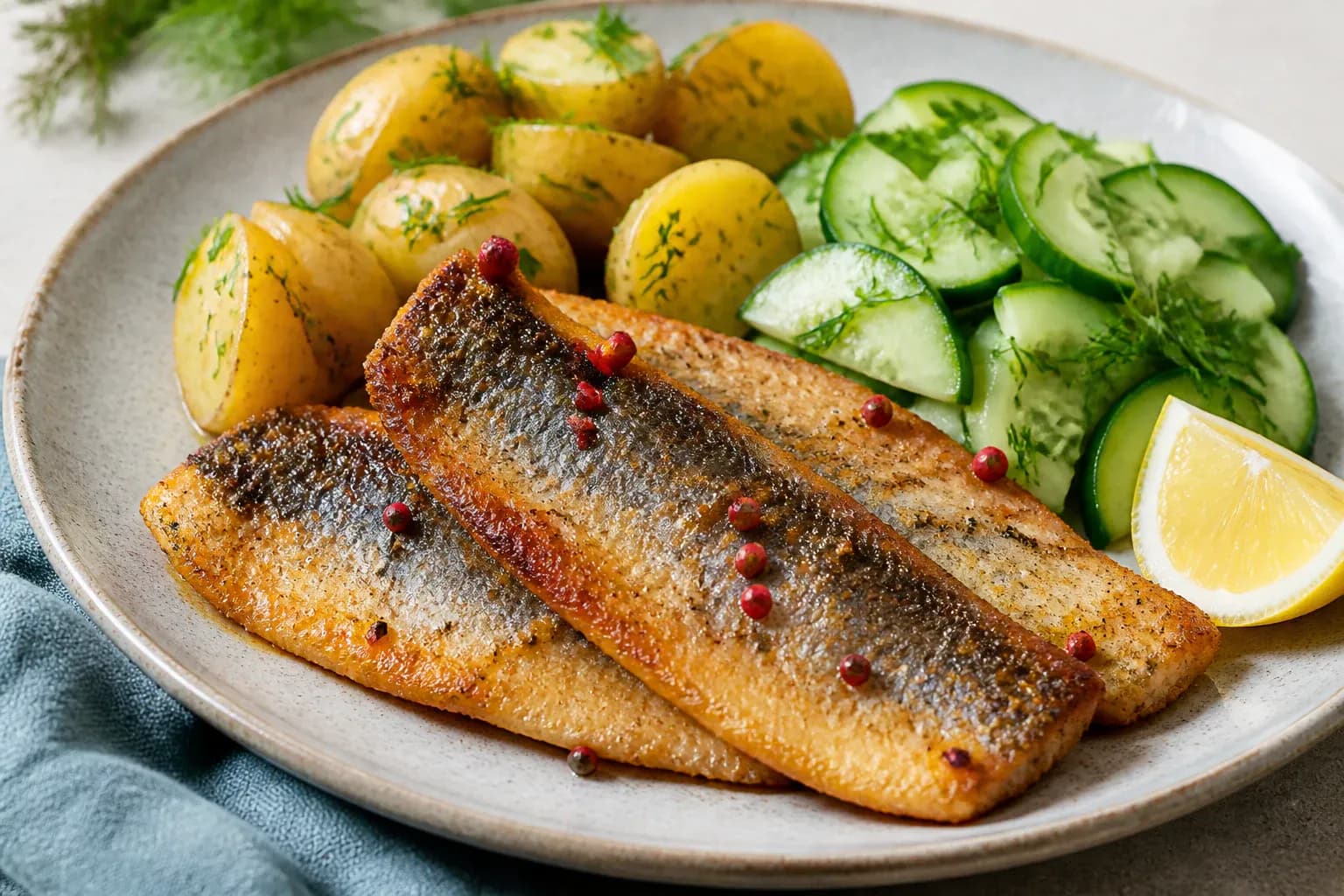 Pink pepper herring with warm potatoes and a cucumber-herb salad.
