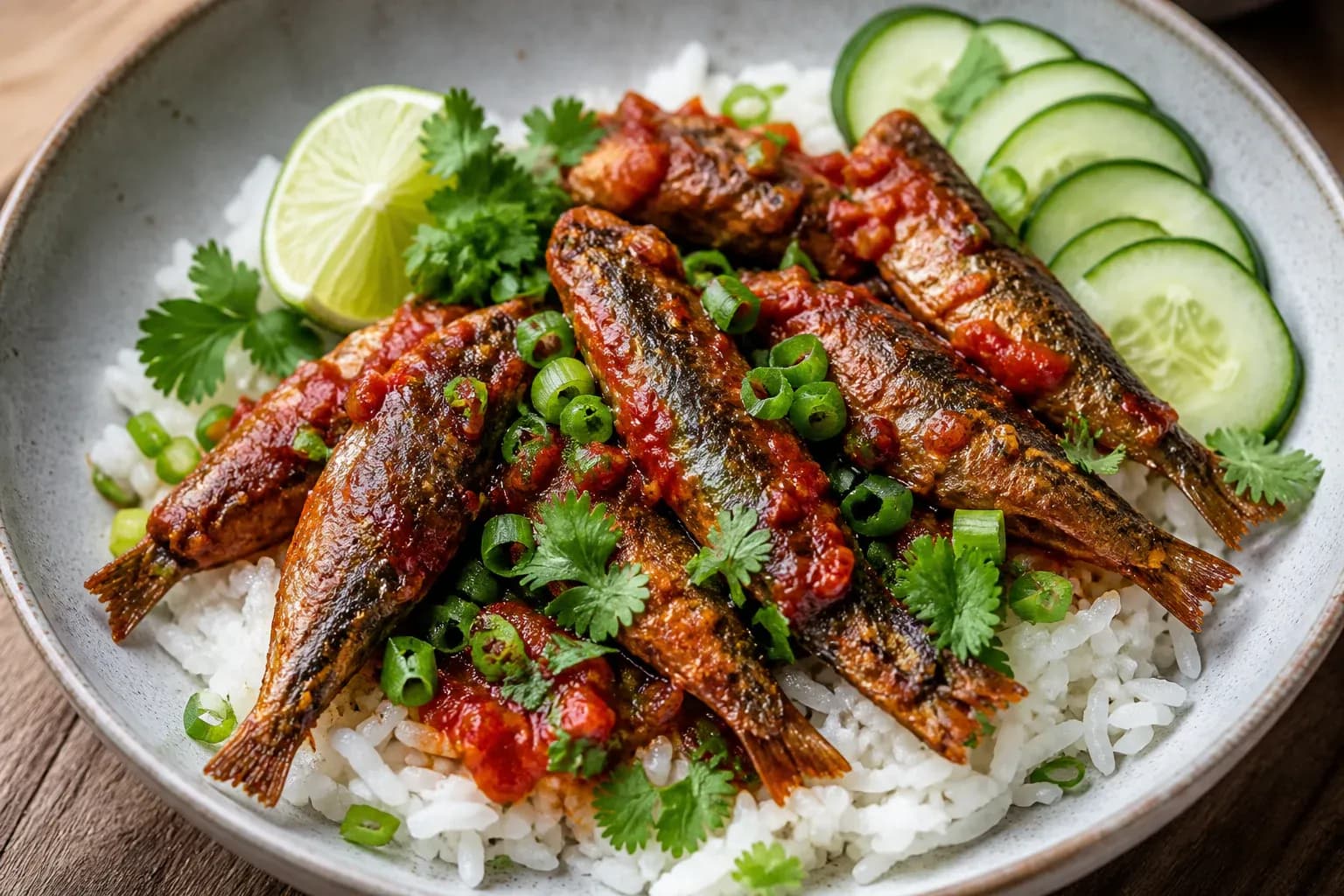 Sriracha brisling with cucumber and rice.