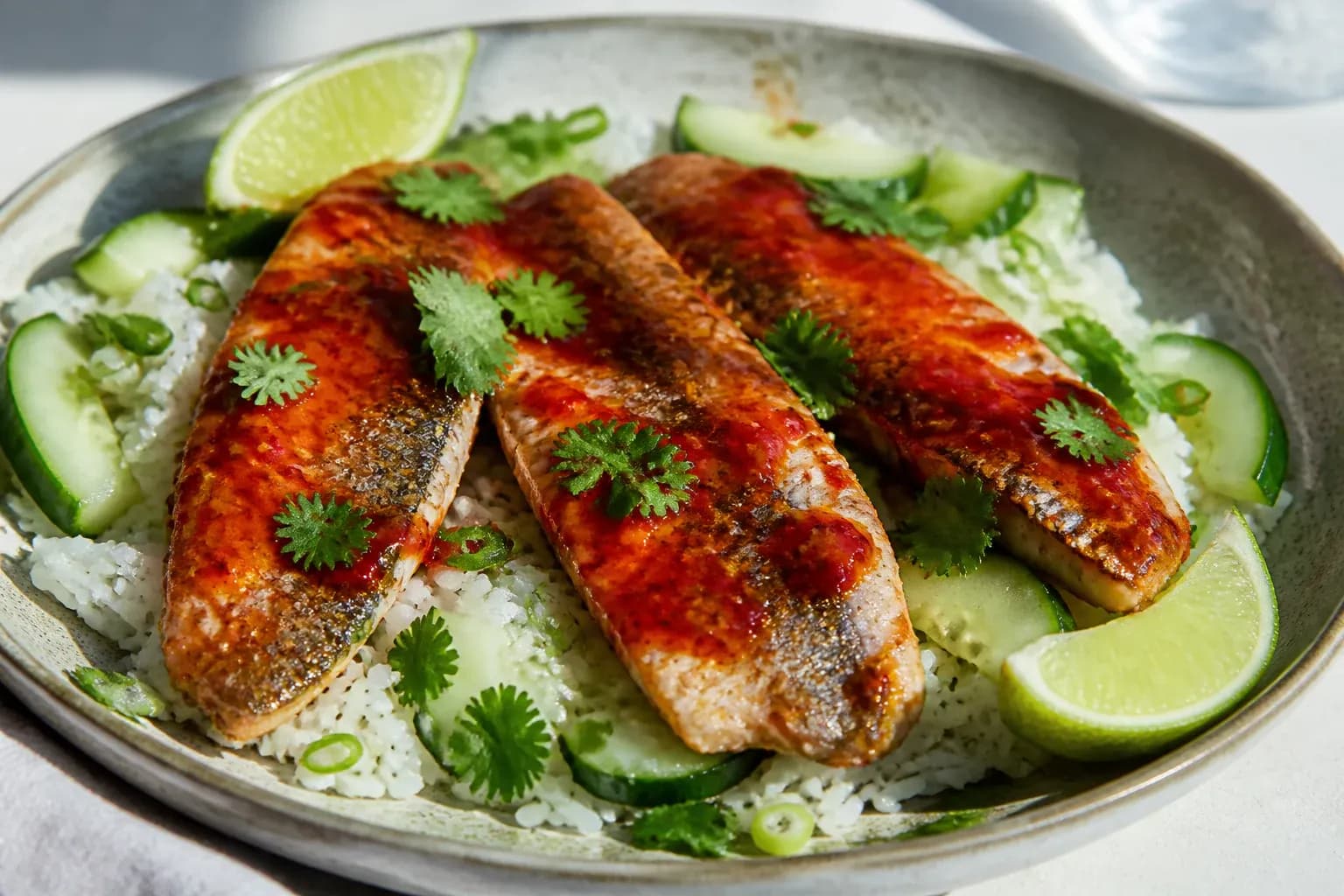 Sriracha herring with rice and cucumber.