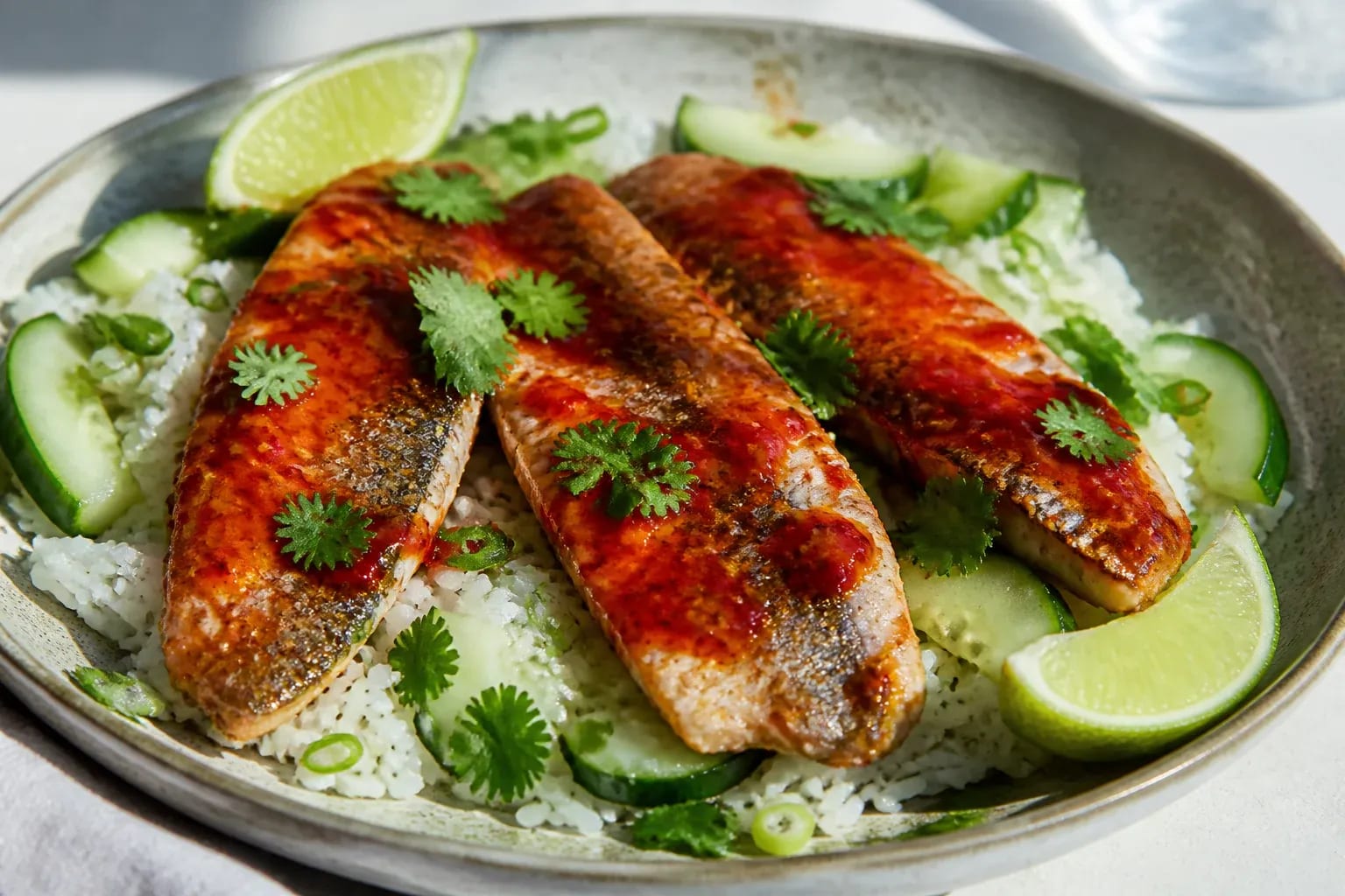 Sriracha herring with rice and cucumber.