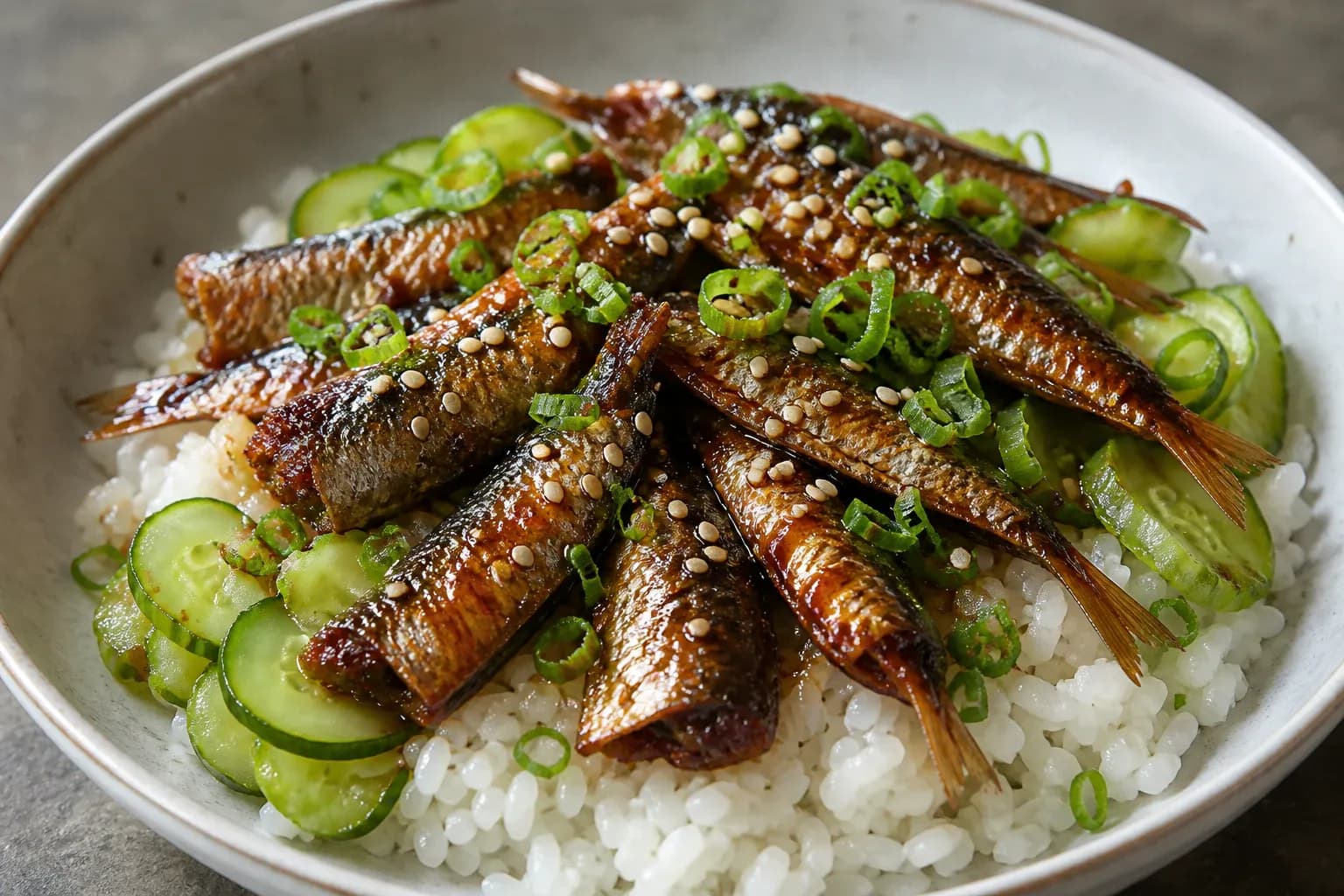 Teriyaki brisling with rice and cucumber.