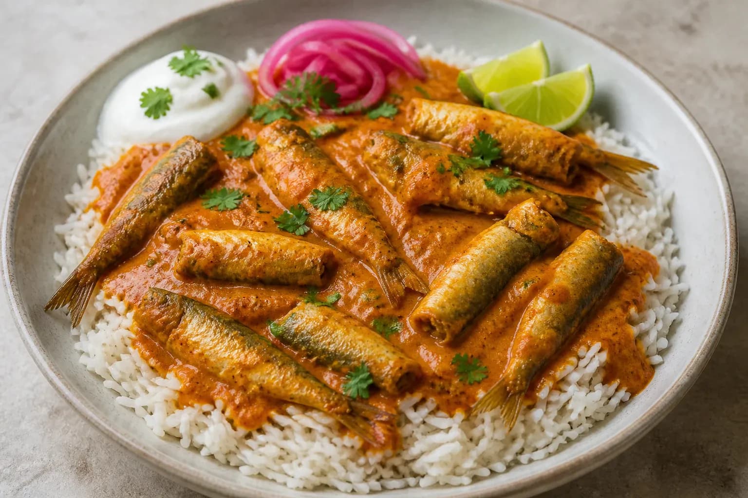 Tikka brisling sardines with basmati rice and coriander.