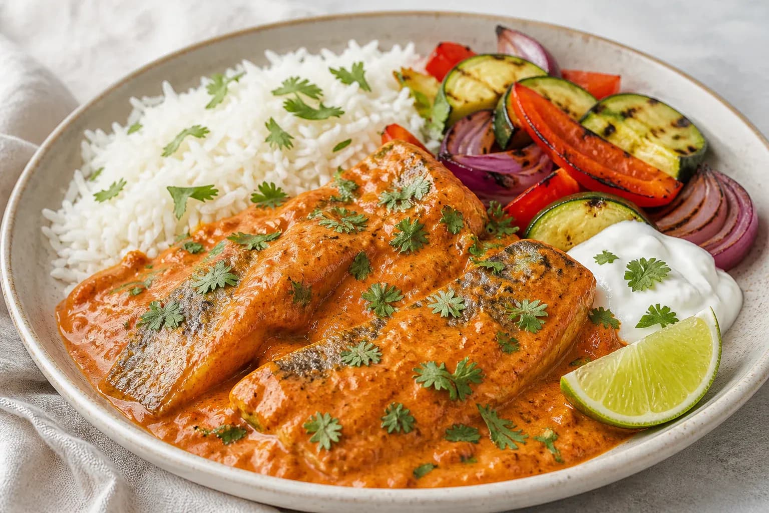 Tikka herring with basmati rice and grilled vegetables.