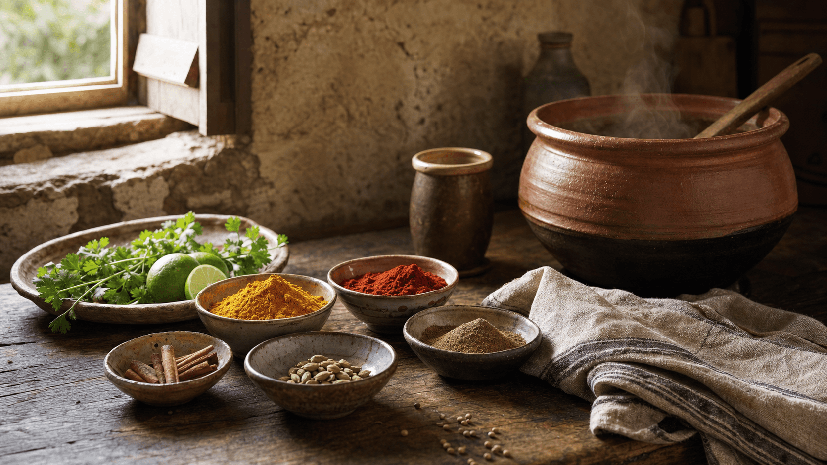 Turmeric, paprika, cardamom, cumin and cinnamon beside a steaming clay pot