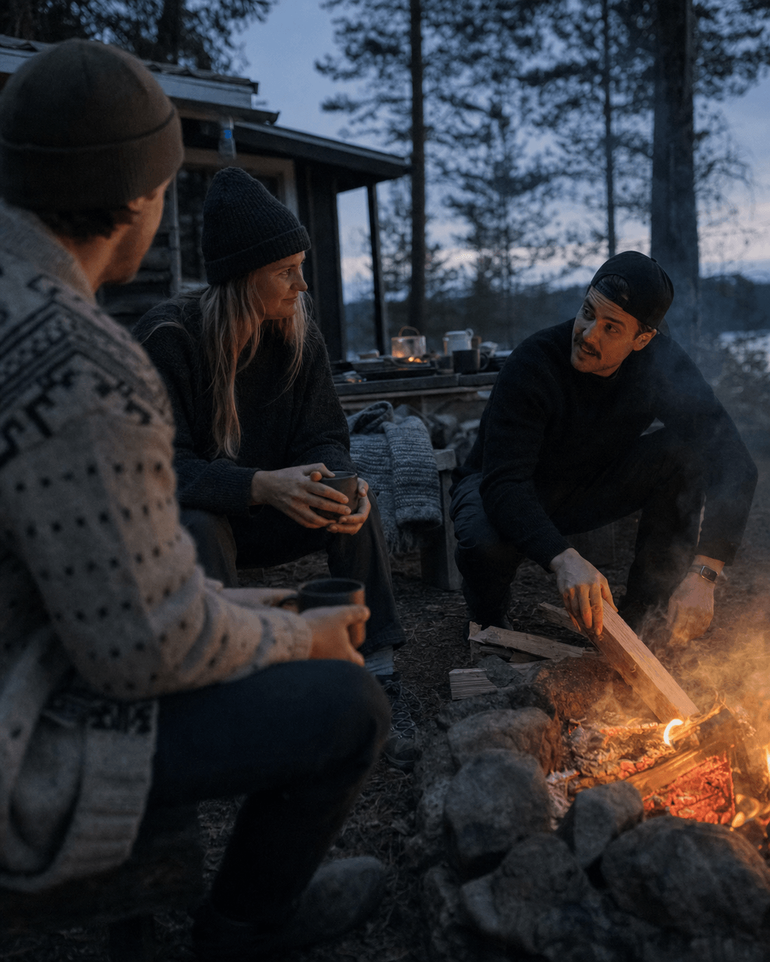 Friends continuing a quiet conversation beside a campfire after dinner
