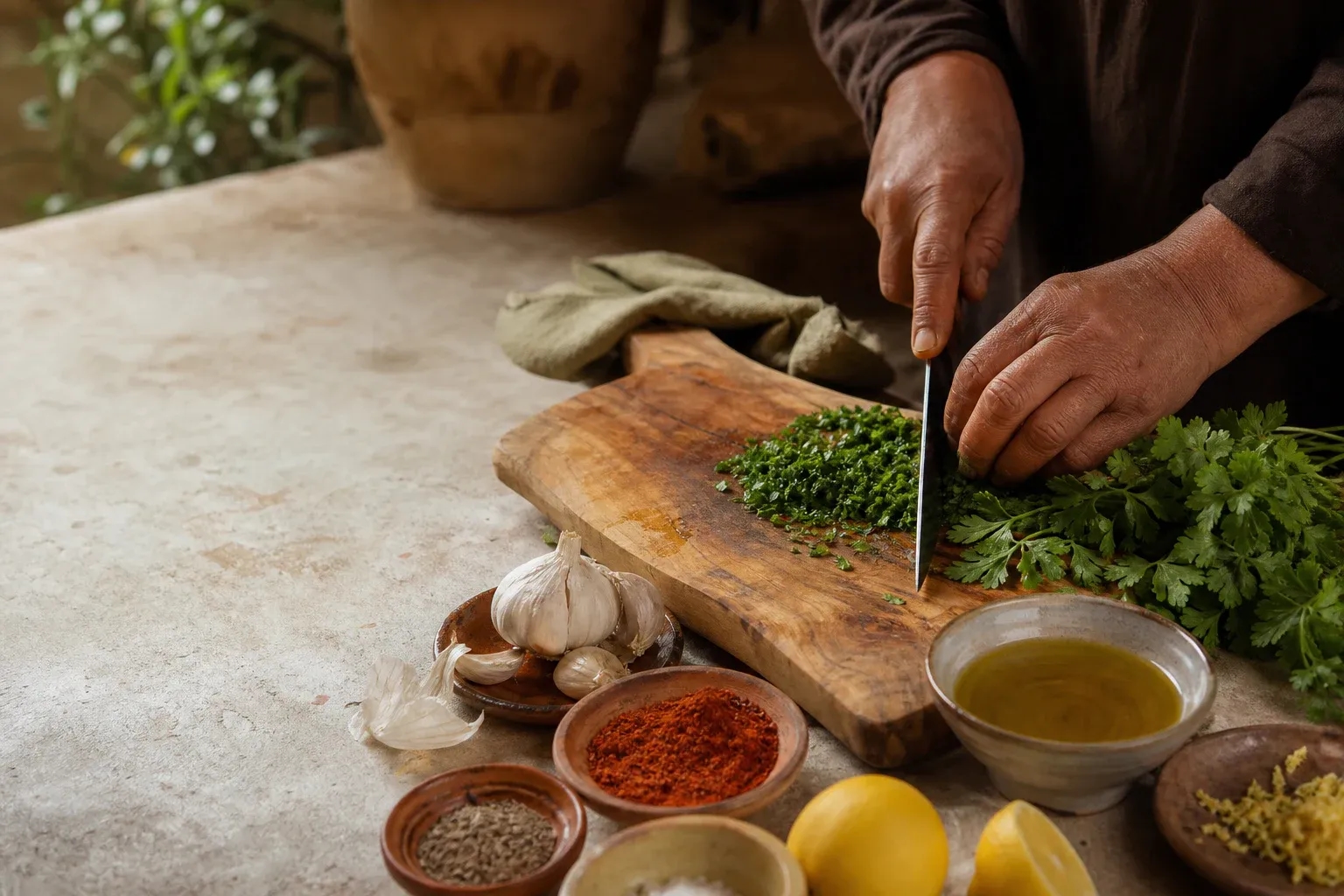 Fresh herbs chopped with garlic, spices, lemon and olive oil