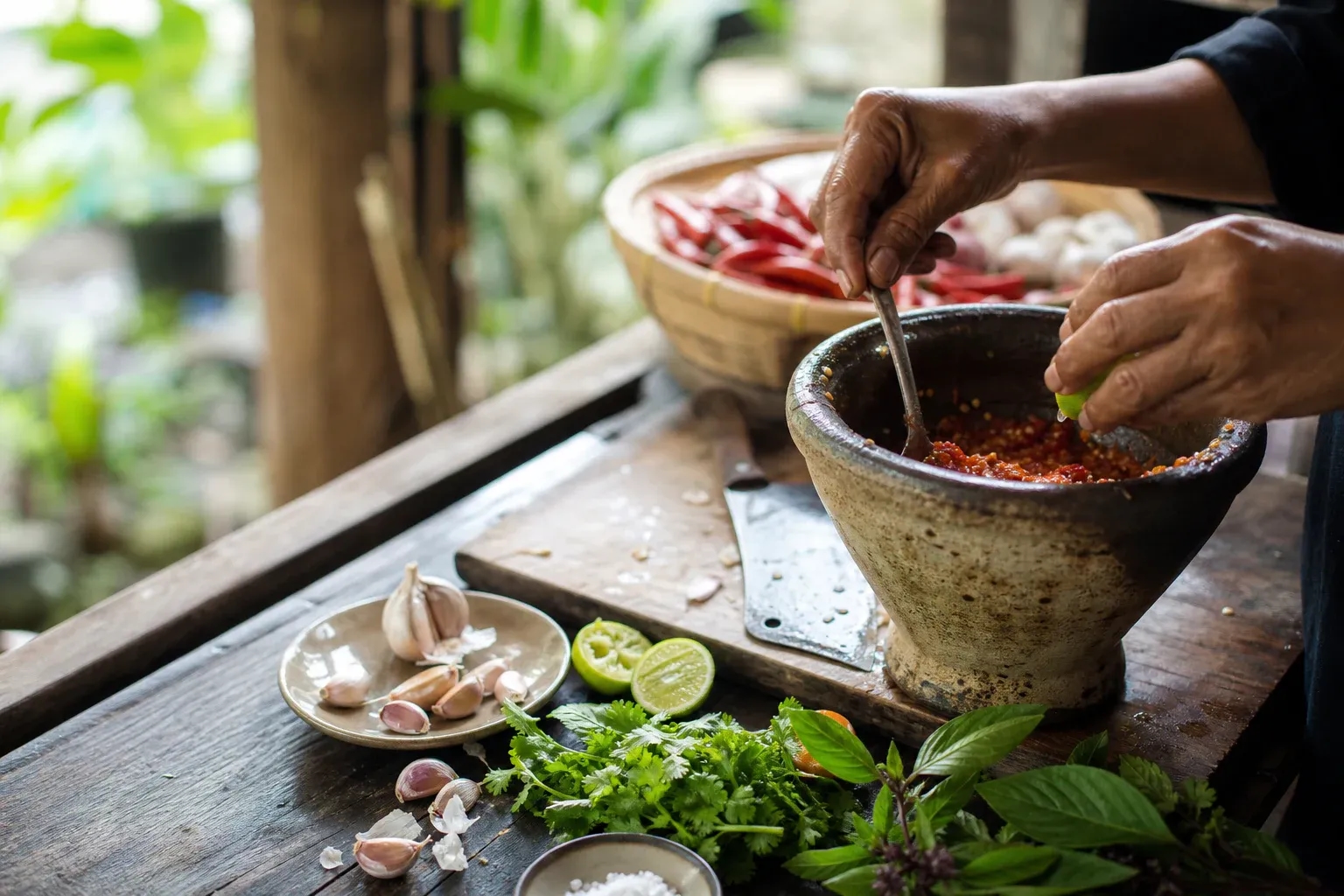 Fresh chilli, garlic, lime and herbs prepared by hand in an open-air kitchen