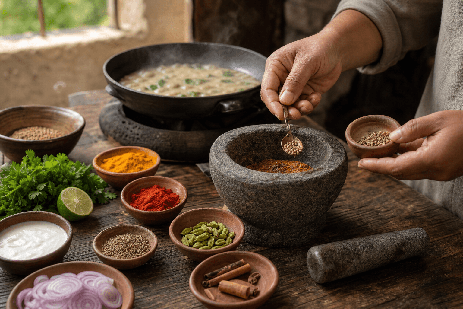 Warm spices measured carefully beside a simmering pan in a rustic kitchen