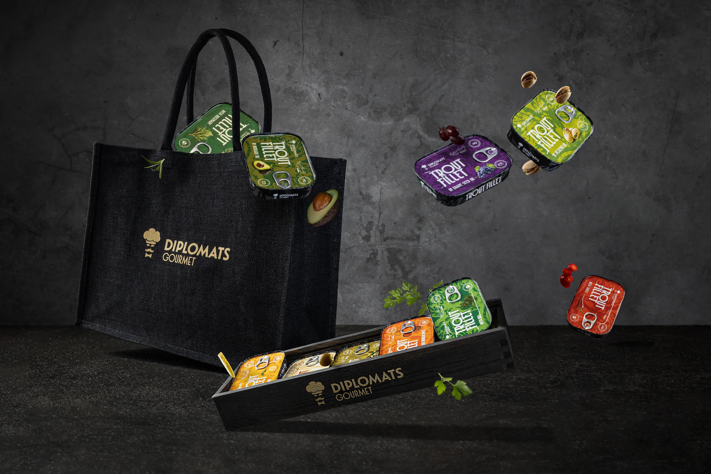 Diplomats trout fillet collection presented with branded packaging