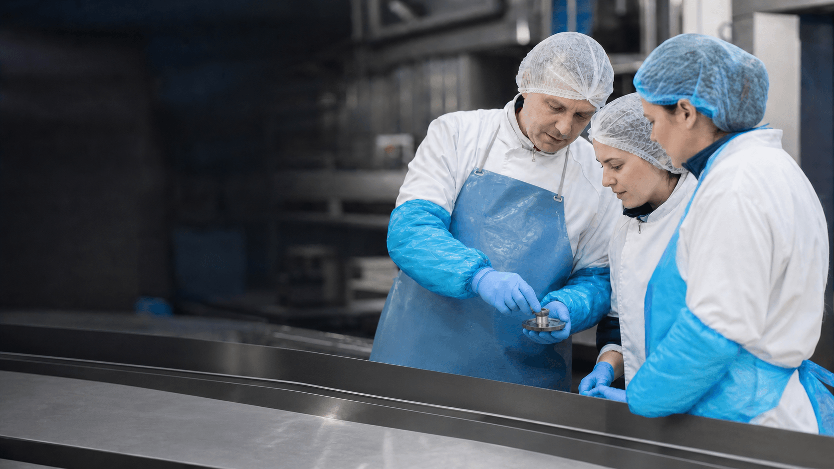 Three food-production colleagues reviewing a process together