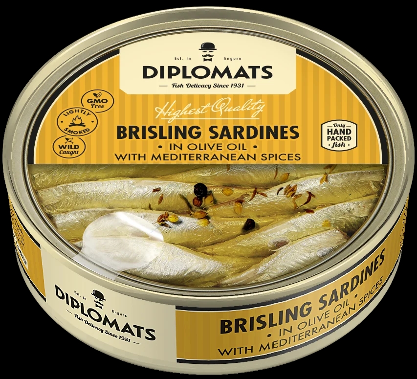 Brisling Sardines in Olive Oil with Mediterranean Spices 160g Transparent