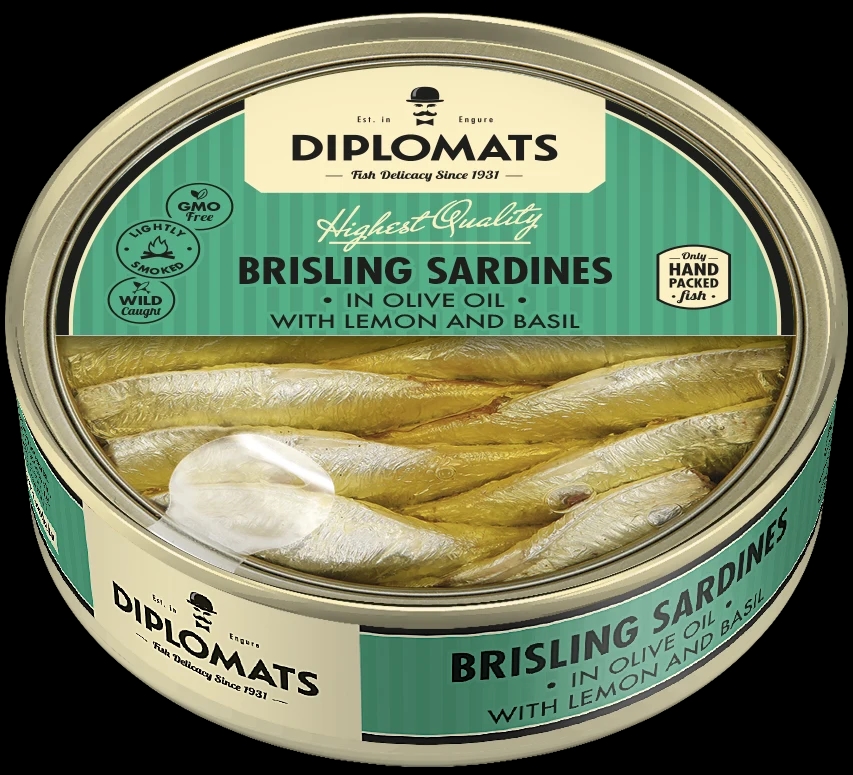 Brisling Sardines in Olive Oil with Lemon and Basil 160g Transparent