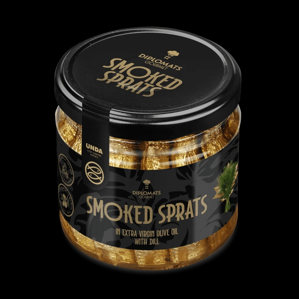 Smoked Sprats in Olive Oil with Dill 175g Glass Jar Diplomats Gourmet