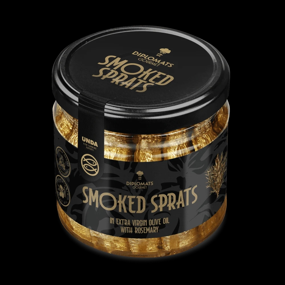 Smoked Sprats in Olive Oil with Rosemary 175g Glass Jar Diplomats Gourmet