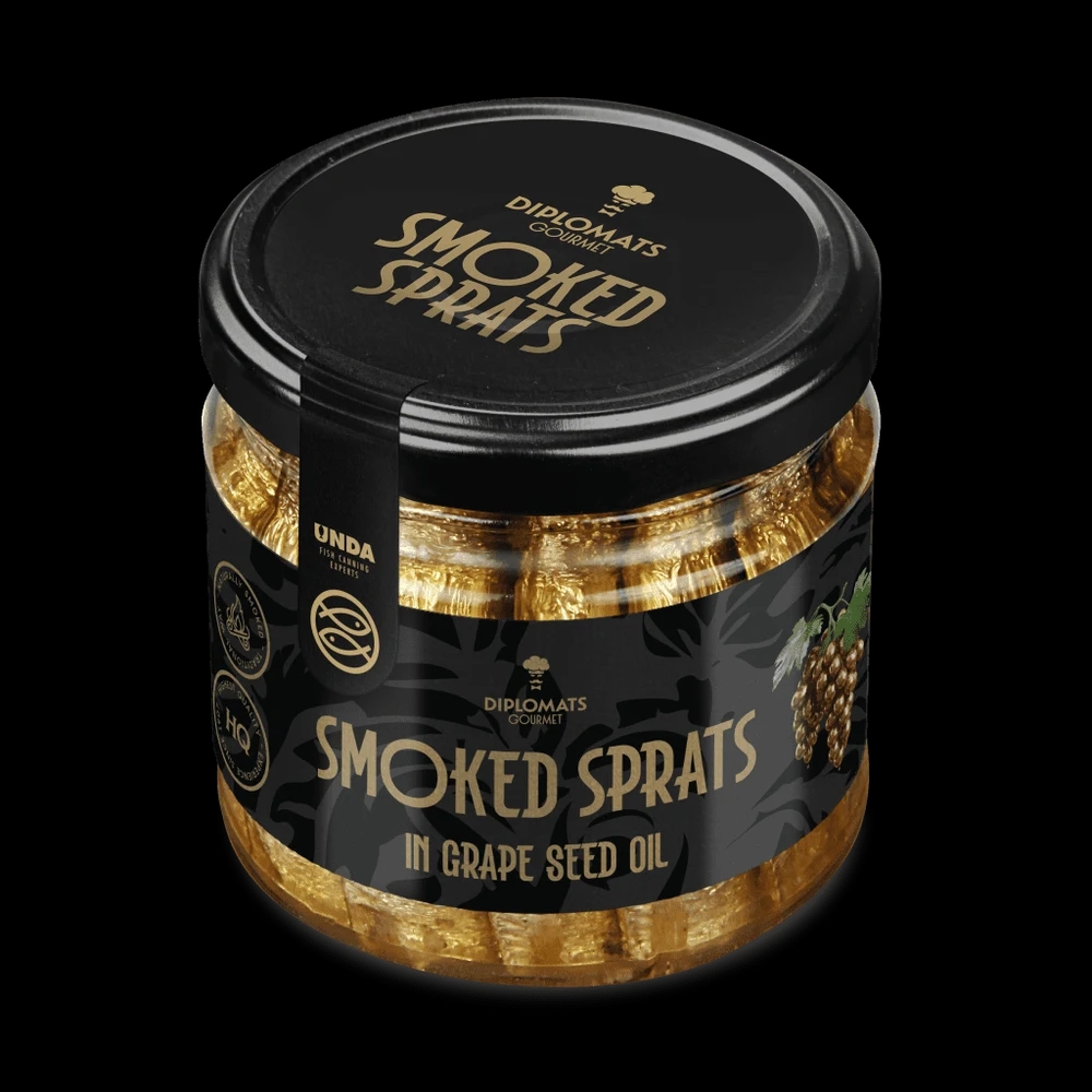 Smoked Sprats in Grape Seed Oil 175g Glass Jar Diplomats Gourmet