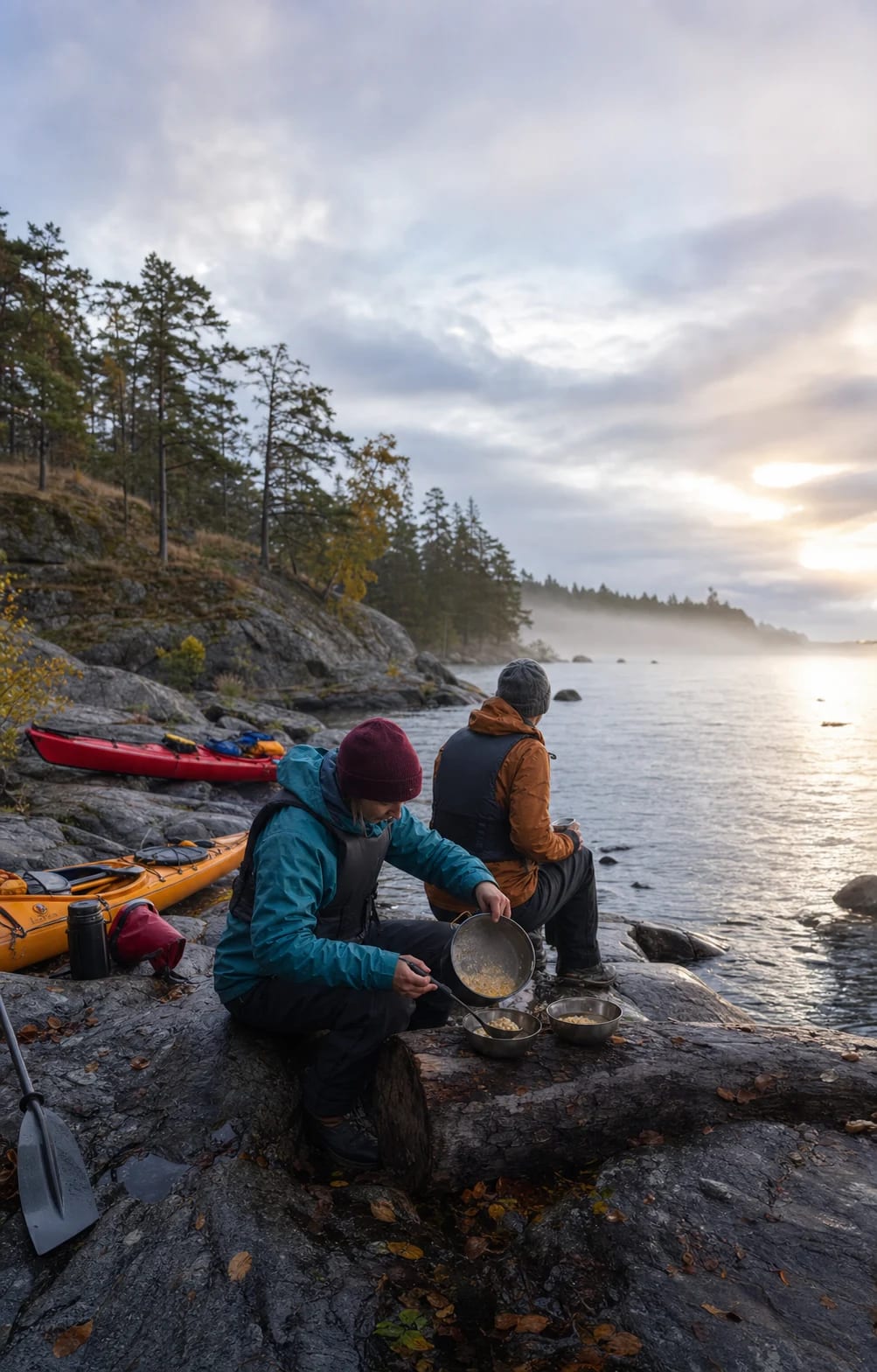 Kayakers having a meal by the water in the evening light.