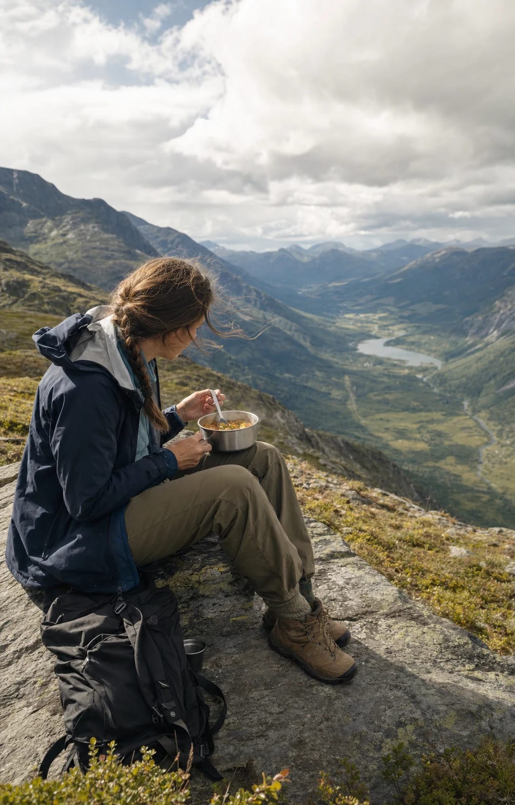 A mountain trail pause with a meal and a backpack.