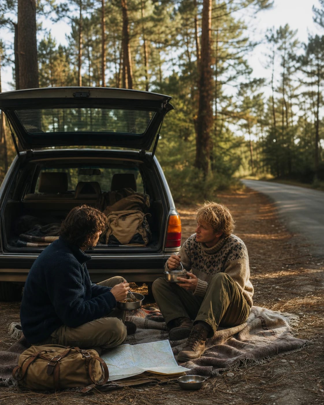 Travellers having a meal beside a car on a quiet forest road.
