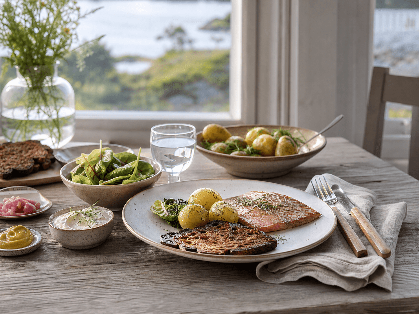 A light supper with fish, potatoes, toasted bread and a fresh salad.