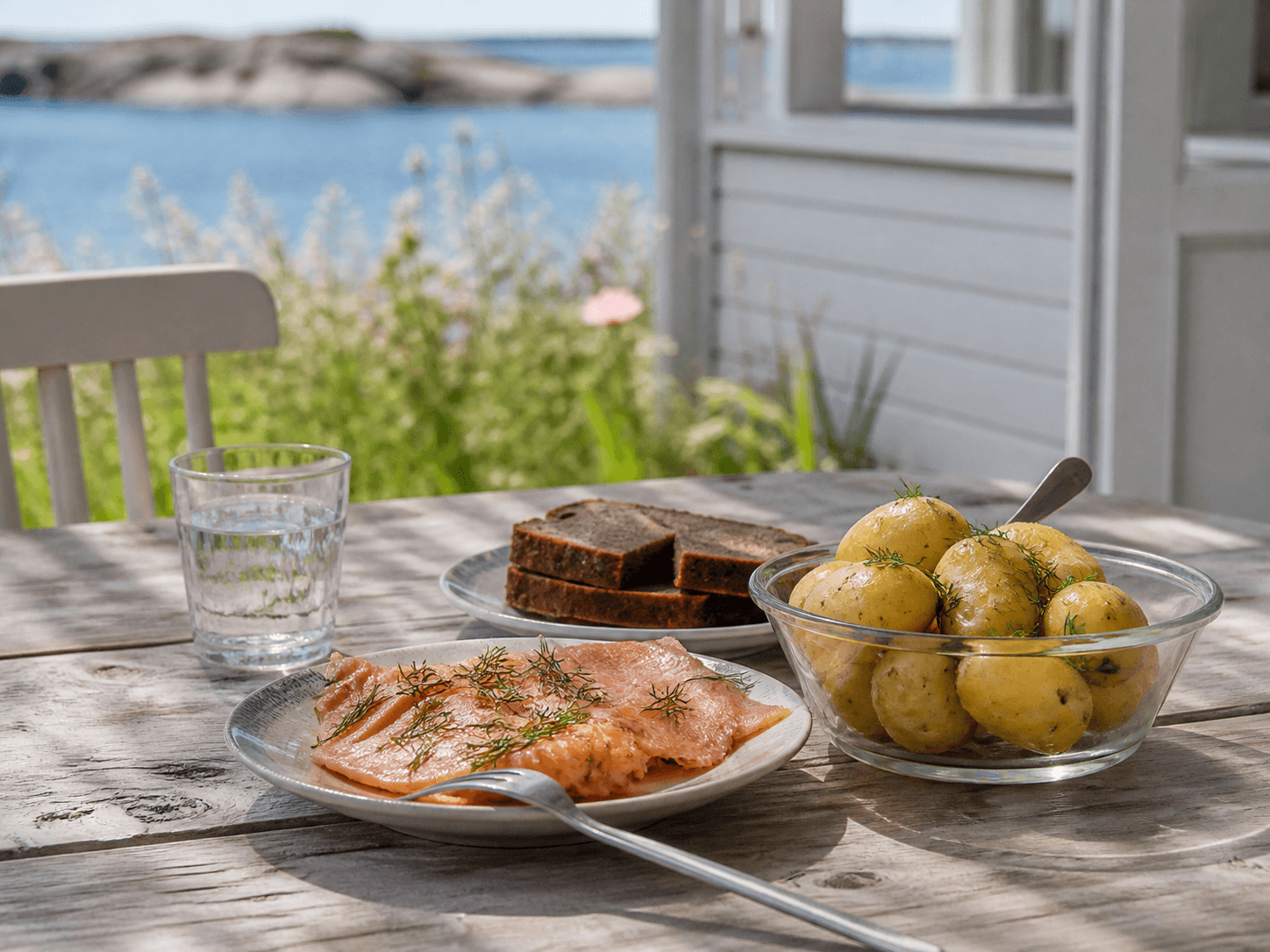 Smoked fish with boiled potatoes, dill and dark bread in a coastal home.