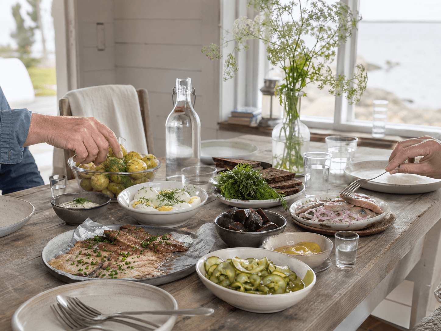 A shared weekend table with fish, eggs, beetroot, pickles and bread.