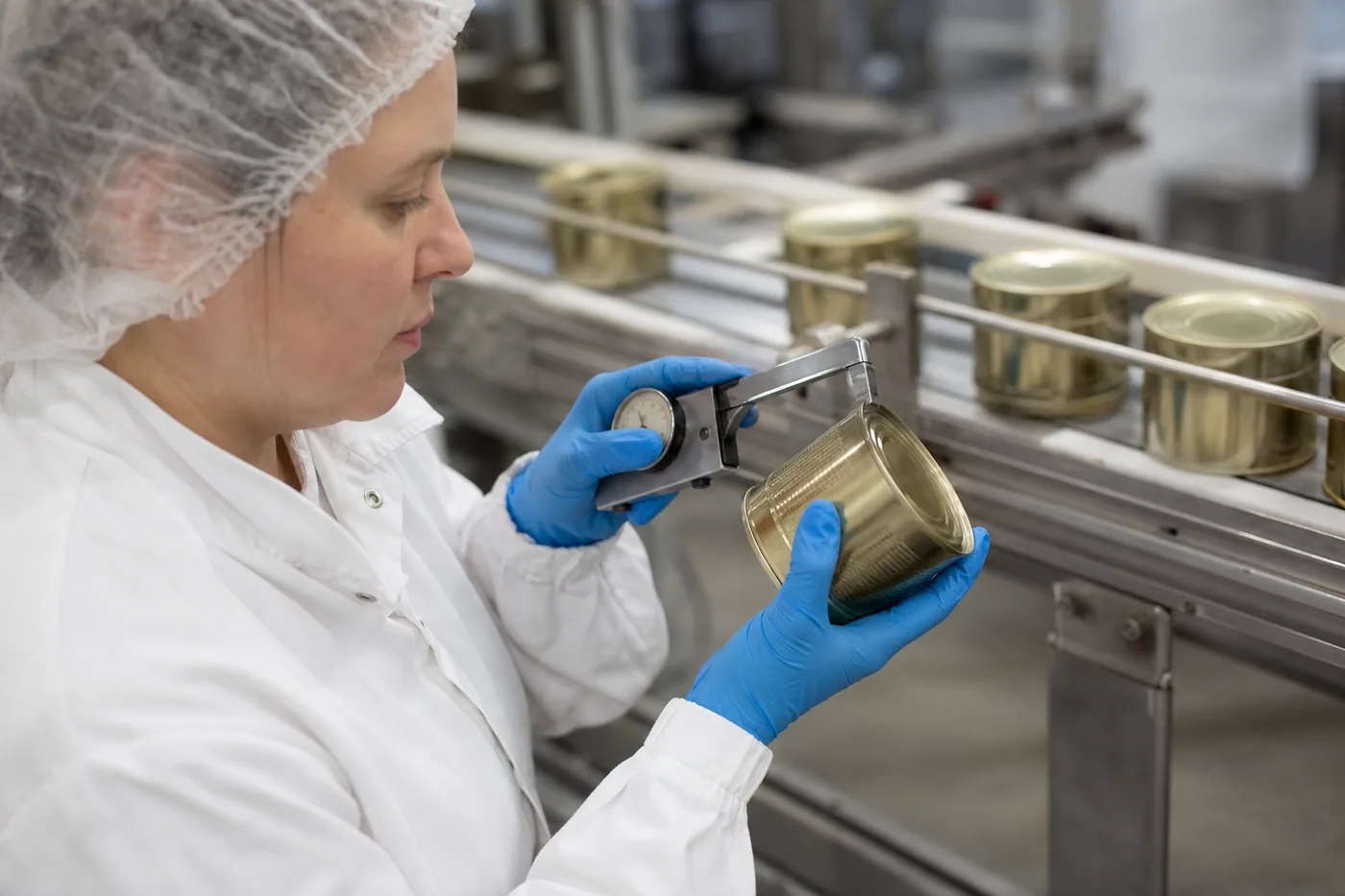 A sealed seafood can being checked during quality inspection