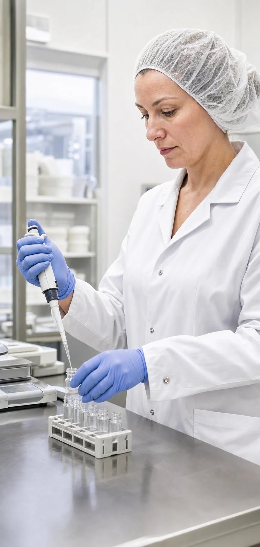 A quality specialist preparing a laboratory sample for analysis