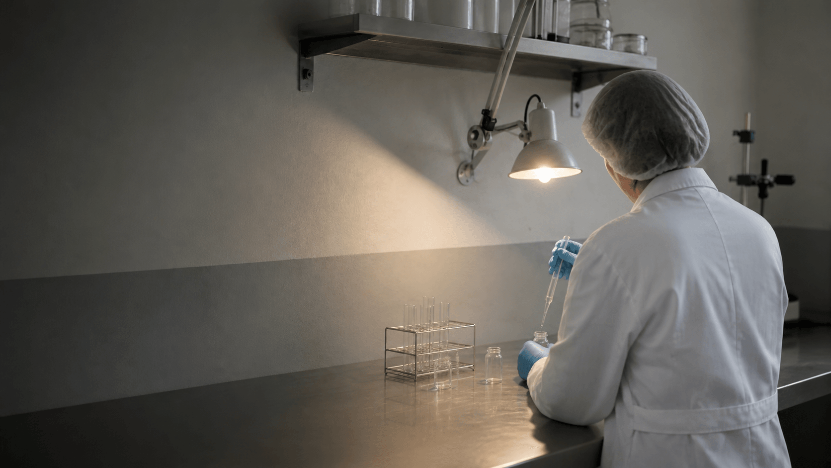 No aizmugures redzama anonīma laboratorijas speciāliste veic kvalitātes kontroles darbu