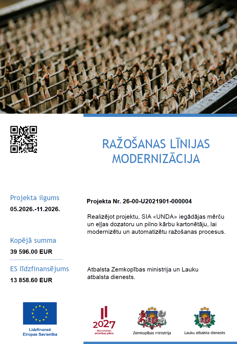 Official project notice for production line modernisation, including the European Union co-financing identity and Latvian programme logos